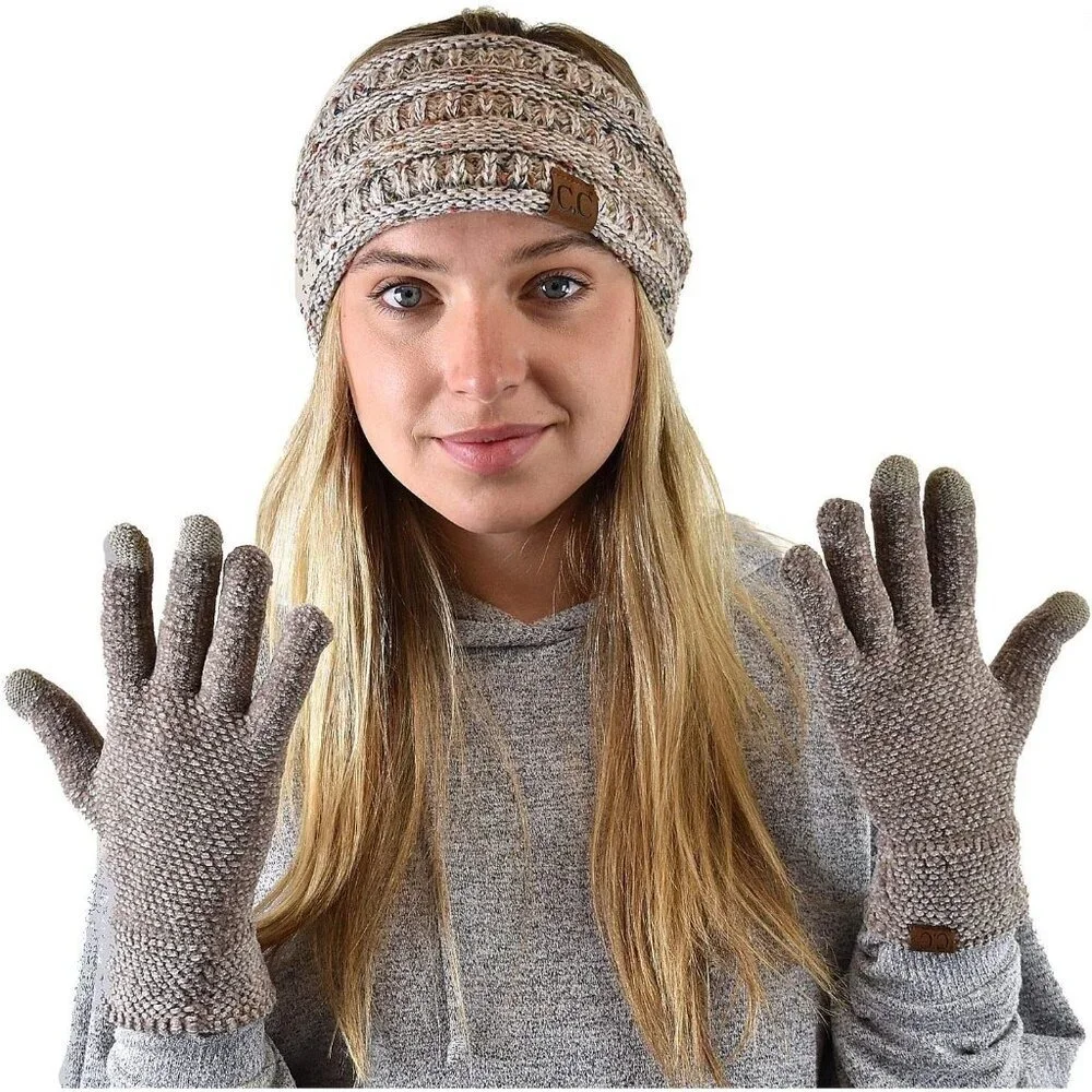 Women's Taupe Winter Warm Eco-friendly Knit Chenille Touchscreen Texting Gloves
